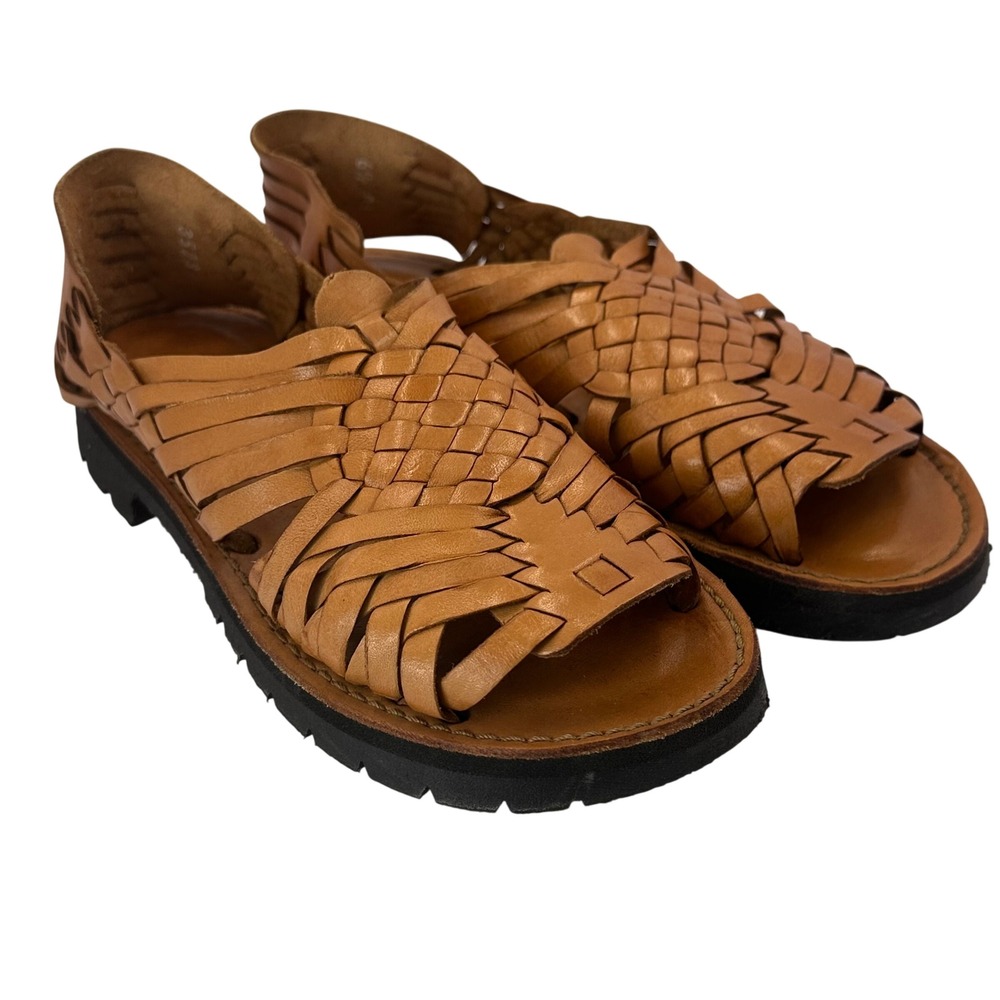 Brand X Womens Tan Woven Leather Huarache Sandals Lug Sole 3523 Size 6.5